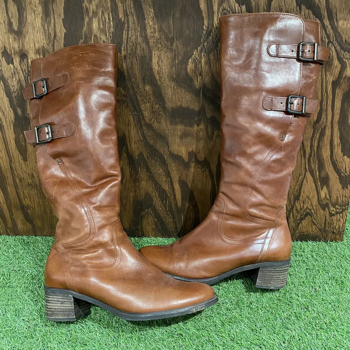 Gabor Women s Double Buckle Leather Tall Medium Brown Zip Uo Boot