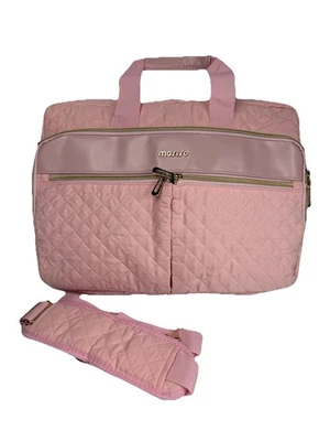 Mosiso Laptop Shoulder Messenger Bag Pink Quilted Cotton Gold Accents Pockets - Image 1 of 4