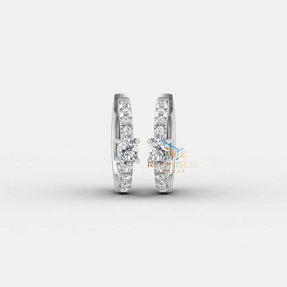 Oval & Round Cut Lab Grown Diamond 14K Gold Elegant Engagement Huggie Earrings - Image 2 of 4