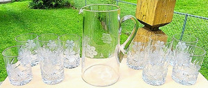 Vintage Crystal Pitcher & 10 Tumbler Set Floral Etched Cut Glass Estate Sale 