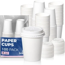 Fit Meal Prep 100 Pack 8 oz Disposable Coffee Cups with Lids - Hot/Cold To Go