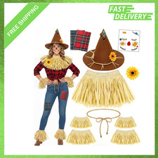 Women's Halloween Scarecrow Costume Set with Hat Face Decal Neck Wrist Leg Ties