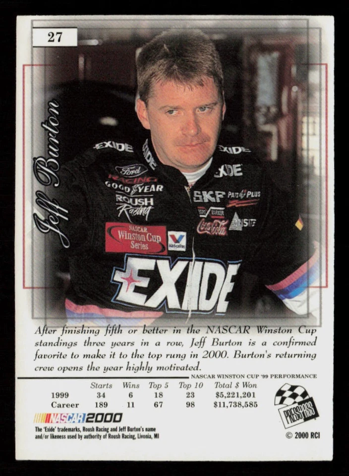 Jeff Burton 2000 Press Pass Premium #27 Roush Racing - Image 2 of 2