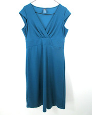 REI Midi Shift Dress Women S Blue Short Sleeve V-Neck Stretch Zip Pocket Casual