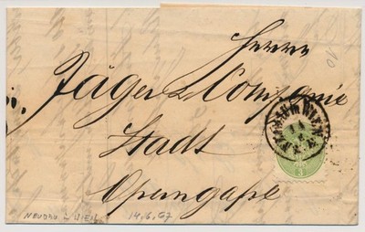ÖSTERREICH 1867 3kr, grün, waagr.Bug. ORTSBRIEF (Inhalt) NEUBAU in WIEN.