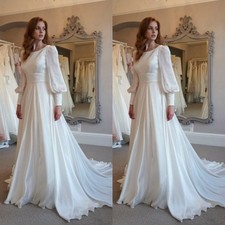 Simple Wedding Dresses Long Sleeves Scoop Neck Satin A Line Bridal Gowns