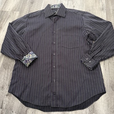 Bugatchi Shirt Men Large Reg Fit Black Striped Spread Collar 100% Cotton Paisley
