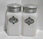 Vintage Hazel Atlas White Milk Glass Salt & Pepper Shakers Aluminum Lids