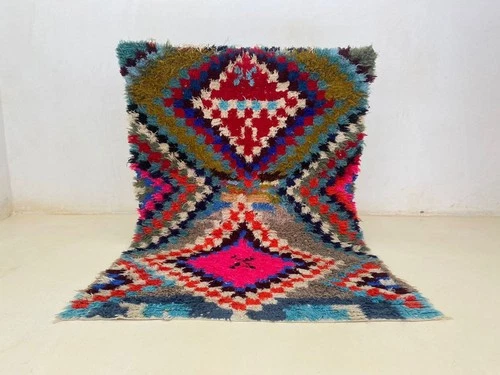 Vintage Moroccan Handmade Rug 4'1x5'9 Tribal Geometric Berber Cotton Hallway Rug