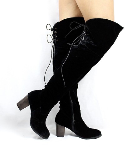 Steve Velvet Round Toe Thigh High Over Knee Stacked High Heel Comfy Women's Boot - Picture 4 of 17