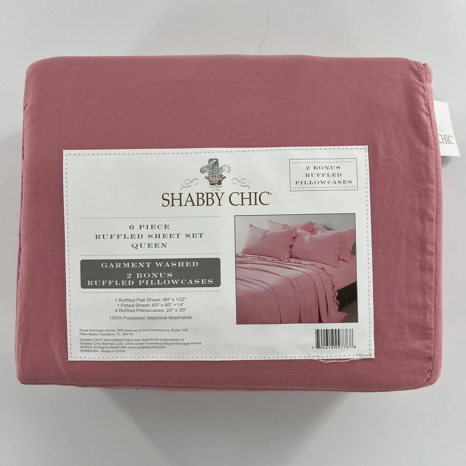 Conjunto de lençóis Rachel Ashwell Shabby Chic Queen 6 peças rosa babado simplesmente casa de campo novo - Imagem 4 de 4