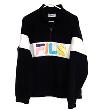FILA Womens Large Black Logo Spell Out Polyester Fleece 1/4 Zip Retro Pullover