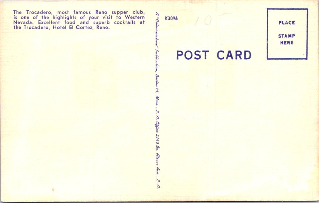 Trocadero Supper Club, Hotel El Cortez, RENO, Nevada Linen Postcard eBay
