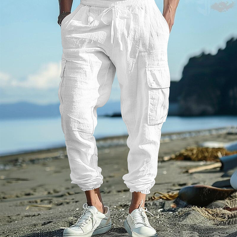 Men's Cotton Linen Casual Cargo Pants with Drawstring and Multi-Pockets