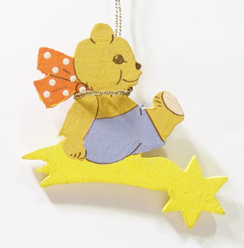 Erzgebirge Germany Teddy Bear Comet Shooting Star  Wooden Fretwork Vntg Ornament