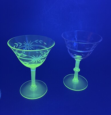 Uranium Etched Stemmed Goblets Lot of 2 Different Styles