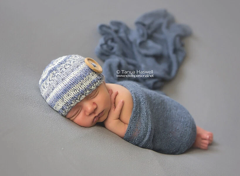 Sombrero de bebé tejido a mano gorro utilería Fair Isle niño nórdico azul gris recién nacido-12M Foto 4 de 4