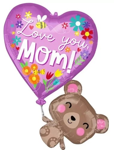 31" Mother's Day 'Love You Mom' Heart with Bear Foil Balloons for Mother's Day - Picture 2 of 3