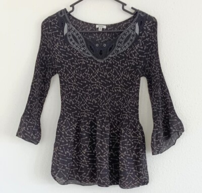 Nicola Women's Black Arrow Print Peplum Pleated Bell Sleeve Stretch Top Size S