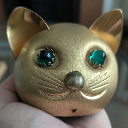 Vtg Golden Tone Napier Cat Head Coin Bank Green Eyes With Wear Missing Bottom