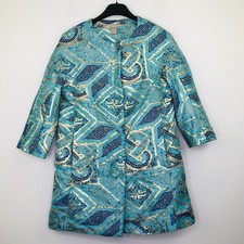 Chico's 0 Women's 4/6 Jacket Blue Gold Geometric Mosaic 3/4 Sleeve NWT Flaw W8