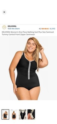 DELIMIRA Women s Plus Size One Piece Swimsuit Black 18W Front Zipper Tummy