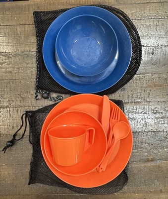 Misc Plastic Camping Plates, Cup, Bowls, Utensils & Mesh Bags  Lot of 10 Pieces