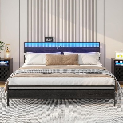 California King Bed Frames, Floating Bed with Storage Headboard & LED Lights