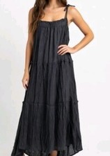 &Merci Long Tiered Gray Long Boho Dress Oversize Tie Straps Size M Lagenlook 