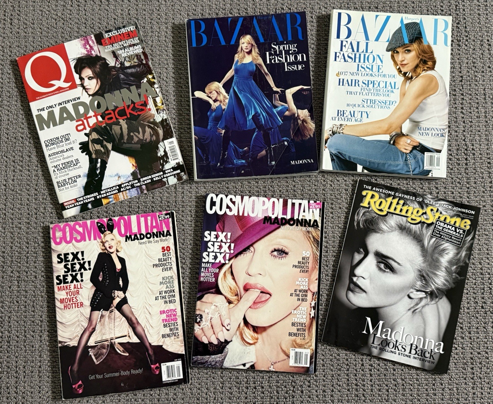 Lot Of (6) Madonna Magazines RS (‘09) Cosmo X2 (‘15), Bazaar (‘03,’06), W (‘03)