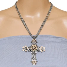 Sweet Romance Oversized Cross Pendant Floral Enamel Romantic Gothic Revival 18”