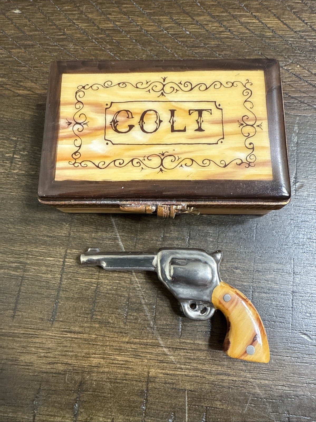 Antique Colt Revolver Trinket Box Limoges France Hand Painted Rare NOS