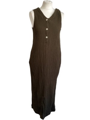 Toast Cotton Bodycon Maxi Dress Sleeveless Crinkle Effect Button Detail Size 12