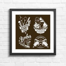 Retro Barber Shop Tools And Chair Illustration Sepia Framed Wall Art Print Large