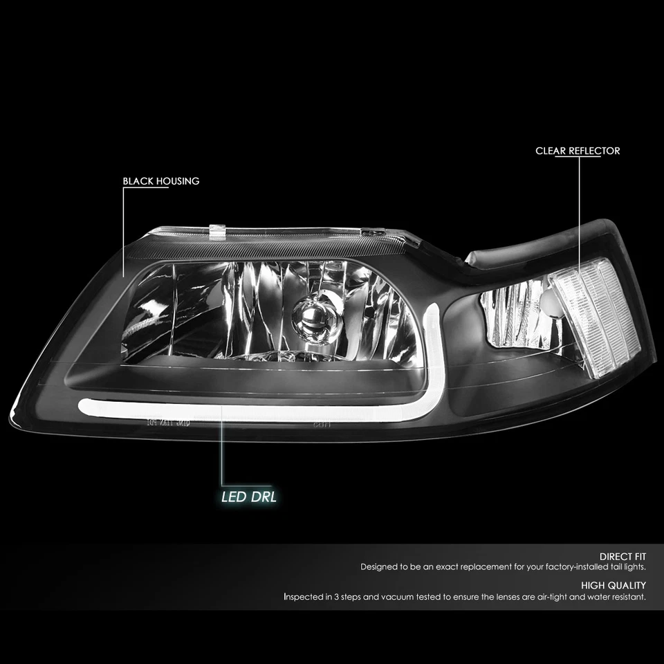 [LED DRL]Fit 1999-2004 Ford Mustang par carcaça preta farol de canto transparente - Imagem 2 de 4