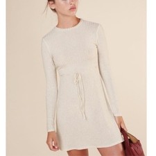 Reformation Shira Knit Dress in Ivory Long Sleeve Mini Tie Waist Off White XXS