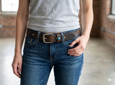 Handcrafted Brown Leather Belt w Silver Buckle Turquoise Accent Studs Unisex