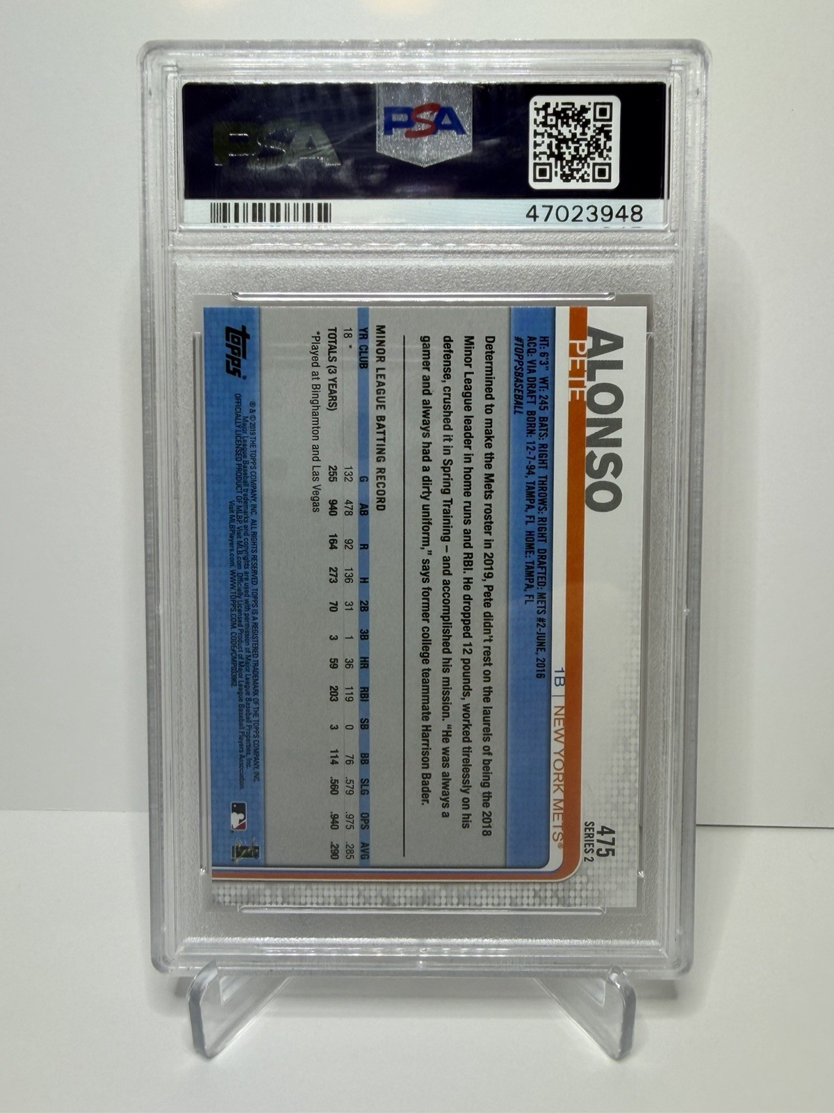 Pete Alonso (New York Mets) 2019 Topps #475 RC Rookie Card - PSA 10 GEM MINT view 2