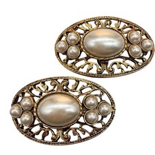 Vintage Shoe Clips Silver Faux Pearl Cabochon Gold Tone Floral Filigree Oval B6