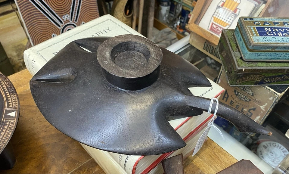 Vintage Fiji Tonga Carved Wooden Bowl Frigate Bird Turtle Cannibal Fork Club Lot - image 4 of 4