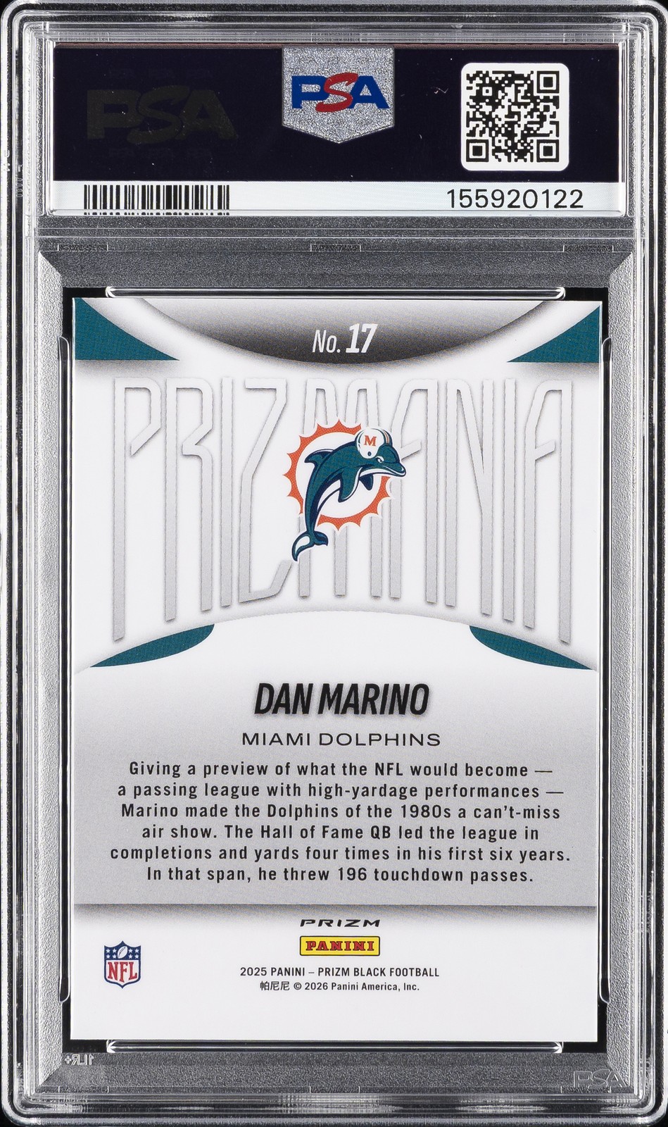 2025 PANINI PRIZM BLACK PRIZMANIA #17 DAN MARINO PSA 10 view 2