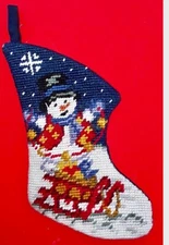 Miniature Snowman Needlepoint Christmas Stocking Mini Navy Blue Holiday Vintage