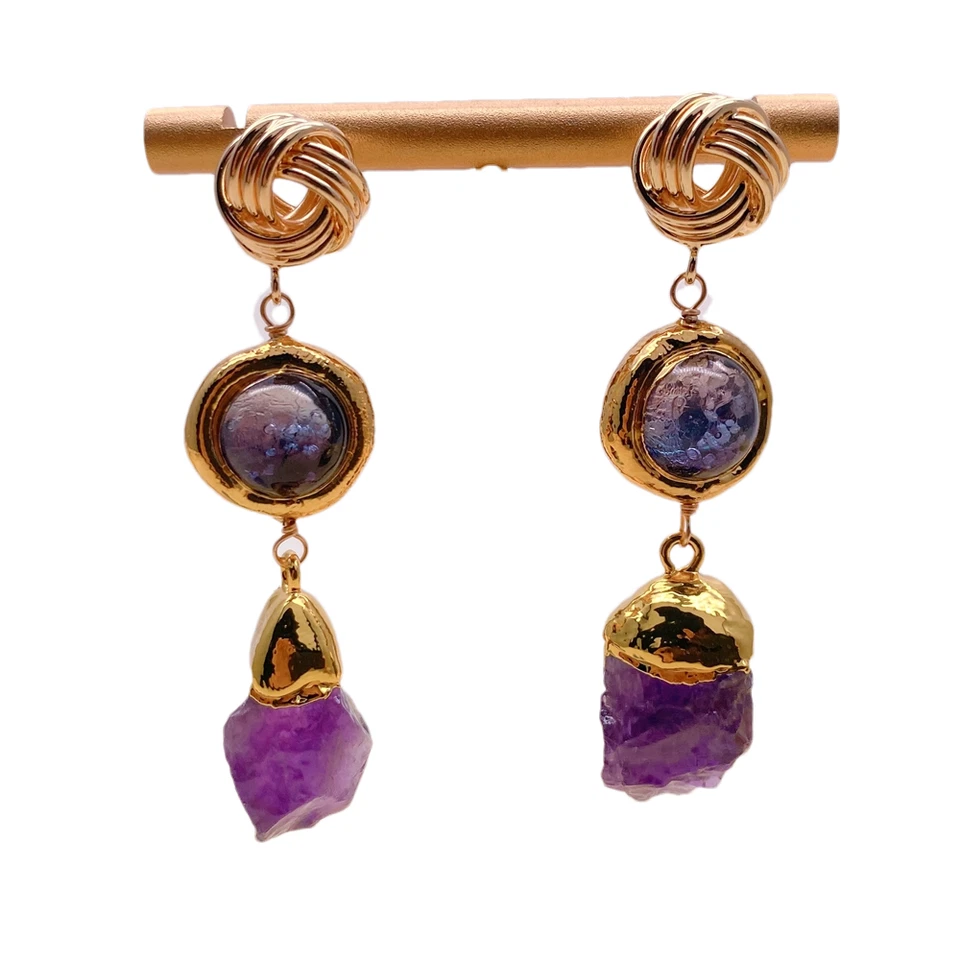 Natural Amethyst Rough Purple Murano Glass Dangle Drop Earrings Jewelry Femme - Image 2 of 4
