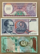 3 Pcs Banknote Lot. Currency Set. Paper Money Yugoslavia Tito Suriname Venezuela