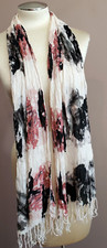 Vintage Scarf Pink Black Cream Abstract Krinkle Lightweight Fringe 64X11  PULLS