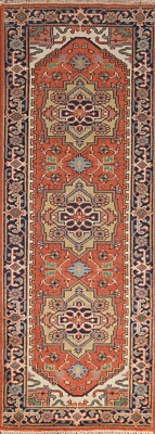 Rust/ Navy Blue Geometric Heriz Serapi 8' Runner Rug Wool Handmade 2' 8'' x 8' 0''