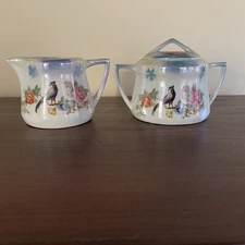 Lustreware Creamer & Sugar Peacock Floral Made In Germany