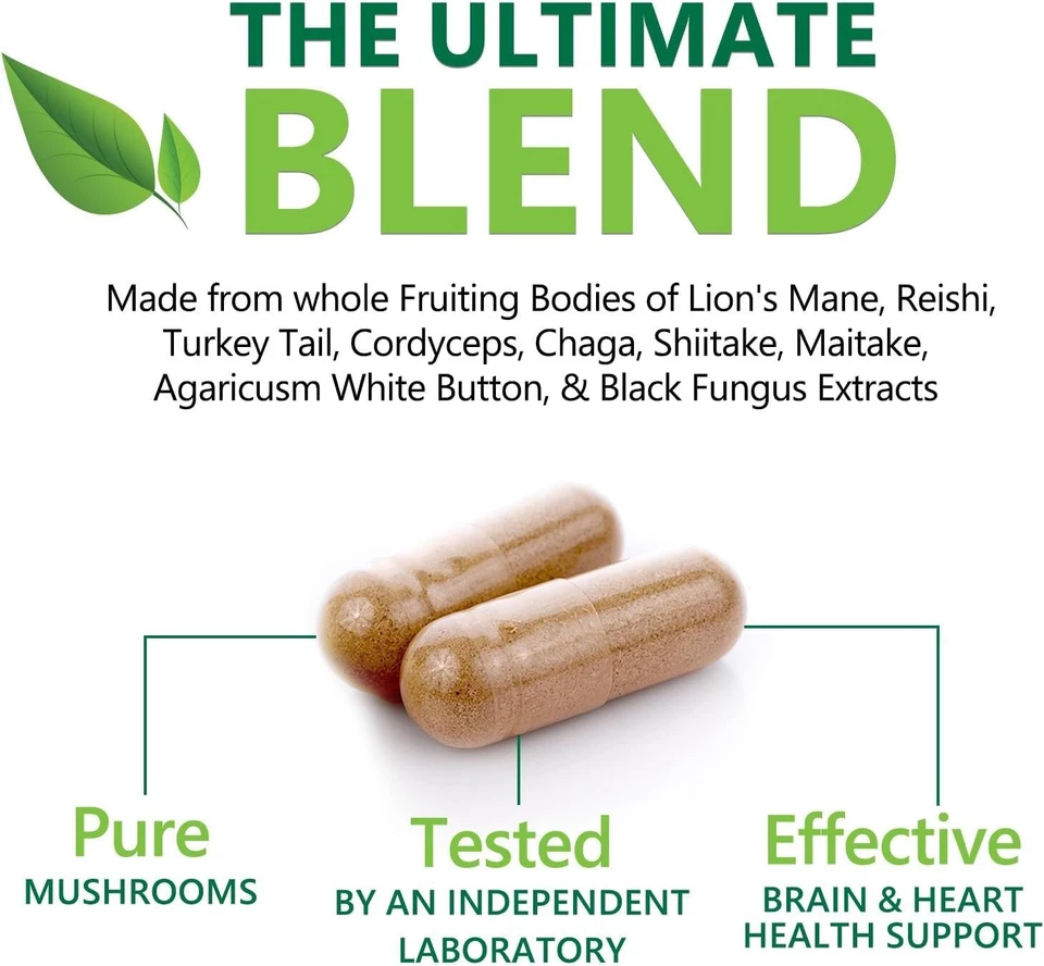 Mushroom Complex Supplement Capsules - 10 Mushrooms Lions Mane, Reishi, Chaga - Image 4 of 4