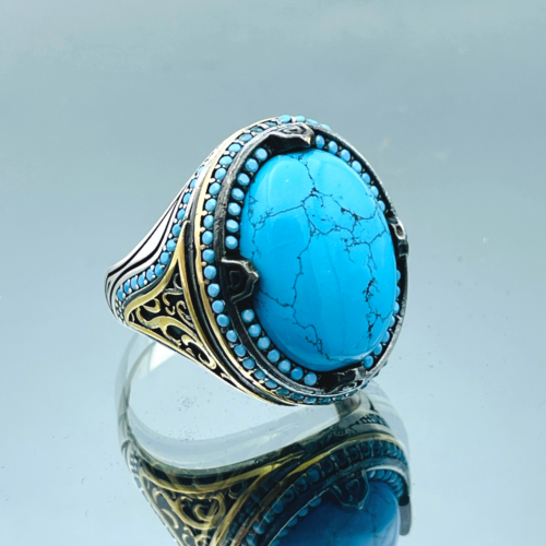 Mens Natural Turquoise Stone Ring 925 Sterling Silver Handmade Ring Gift For Him - Picture 1 of 10