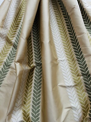 ZIMMER + ROHDE Beige Silk ''REVE'' Greens, Ivory leaf embroidery-54.5''W x 58''L